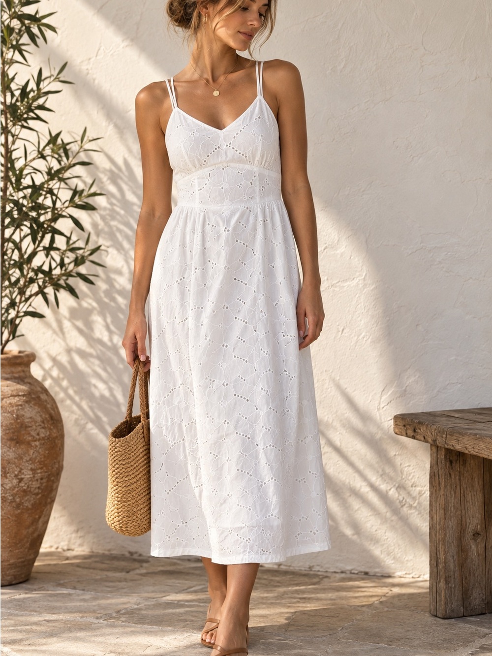 NWT White Eyelet Midi Dress Strappy Cottagecore Romantic Euro Summer Sundress